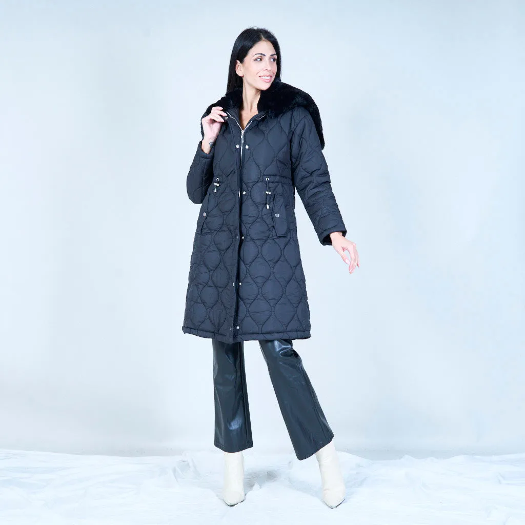 Quilted coat with faux fur hood wholesale