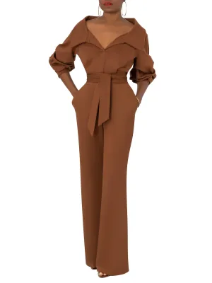 "Arianna" Brown Collared Jumpsuit