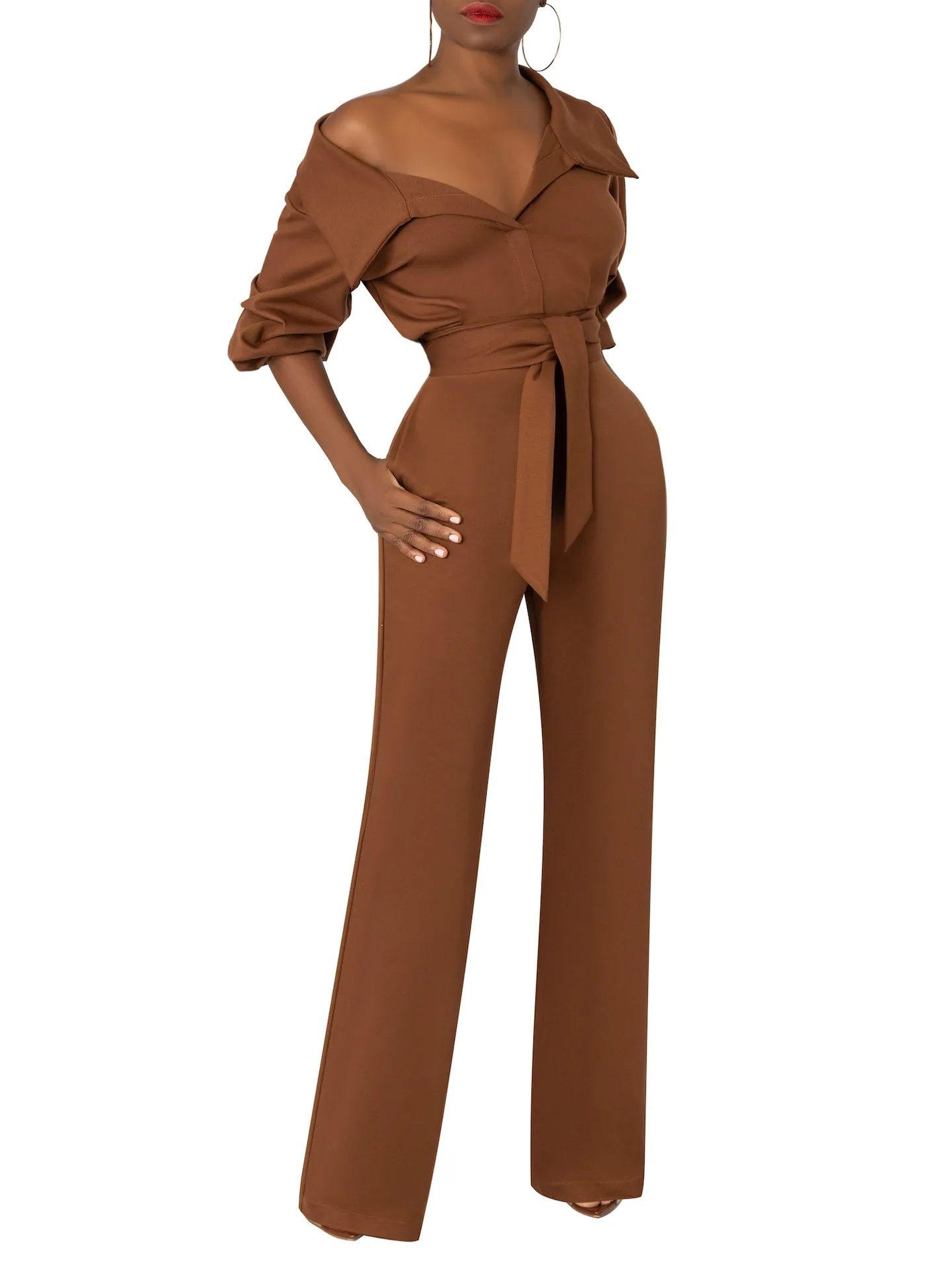 "Arianna" Brown Collared Jumpsuit