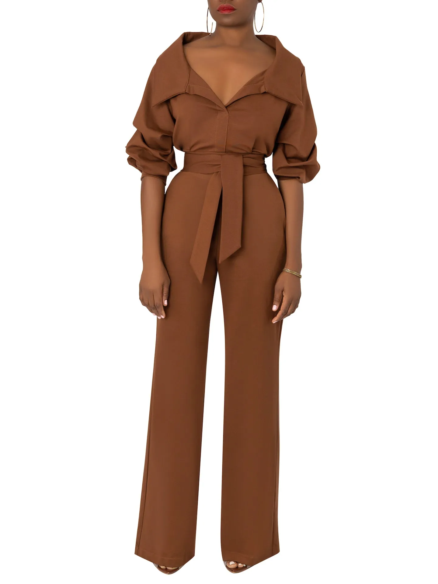 "Arianna" Brown Collared Jumpsuit