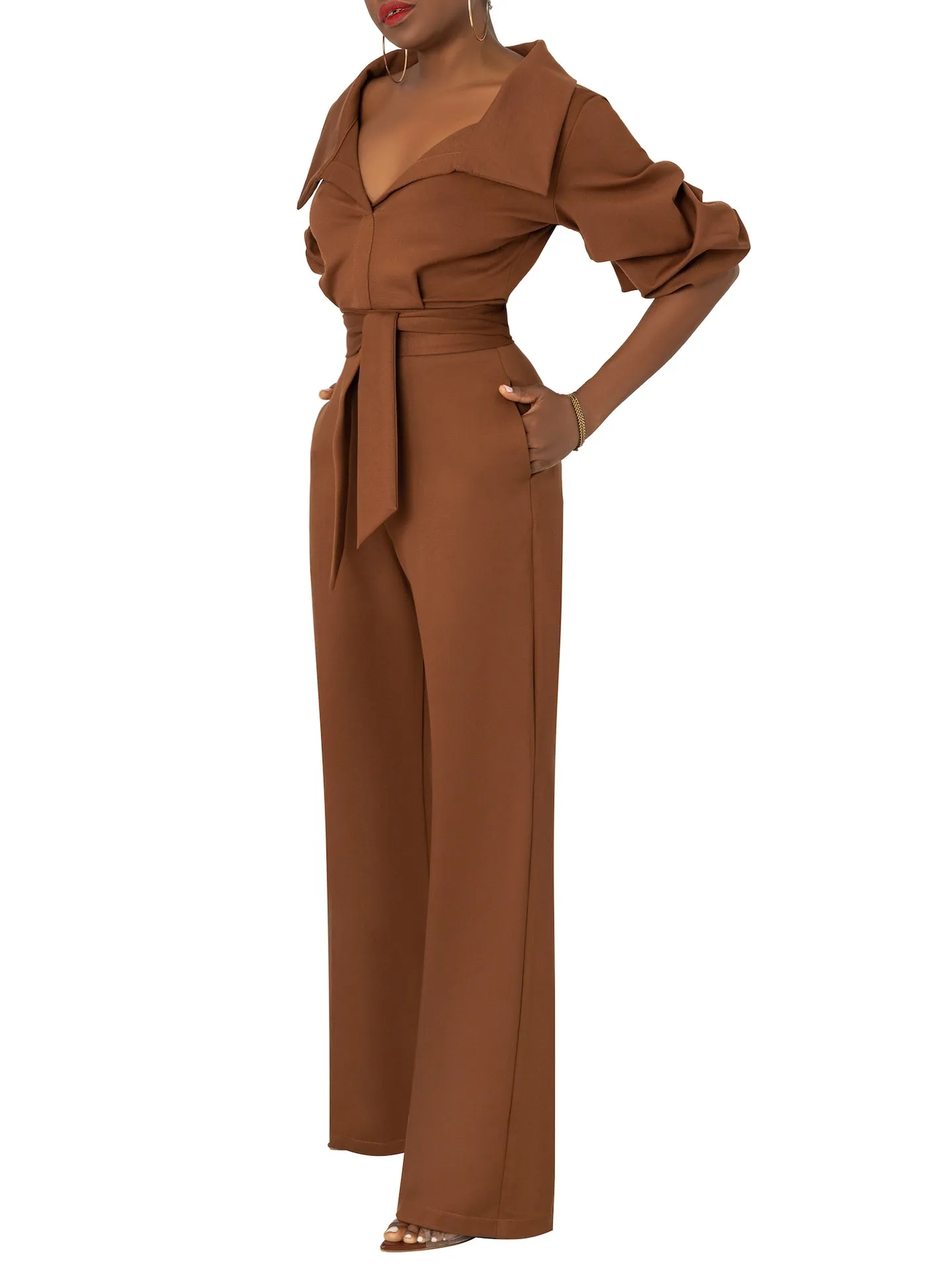 "Arianna" Brown Collared Jumpsuit