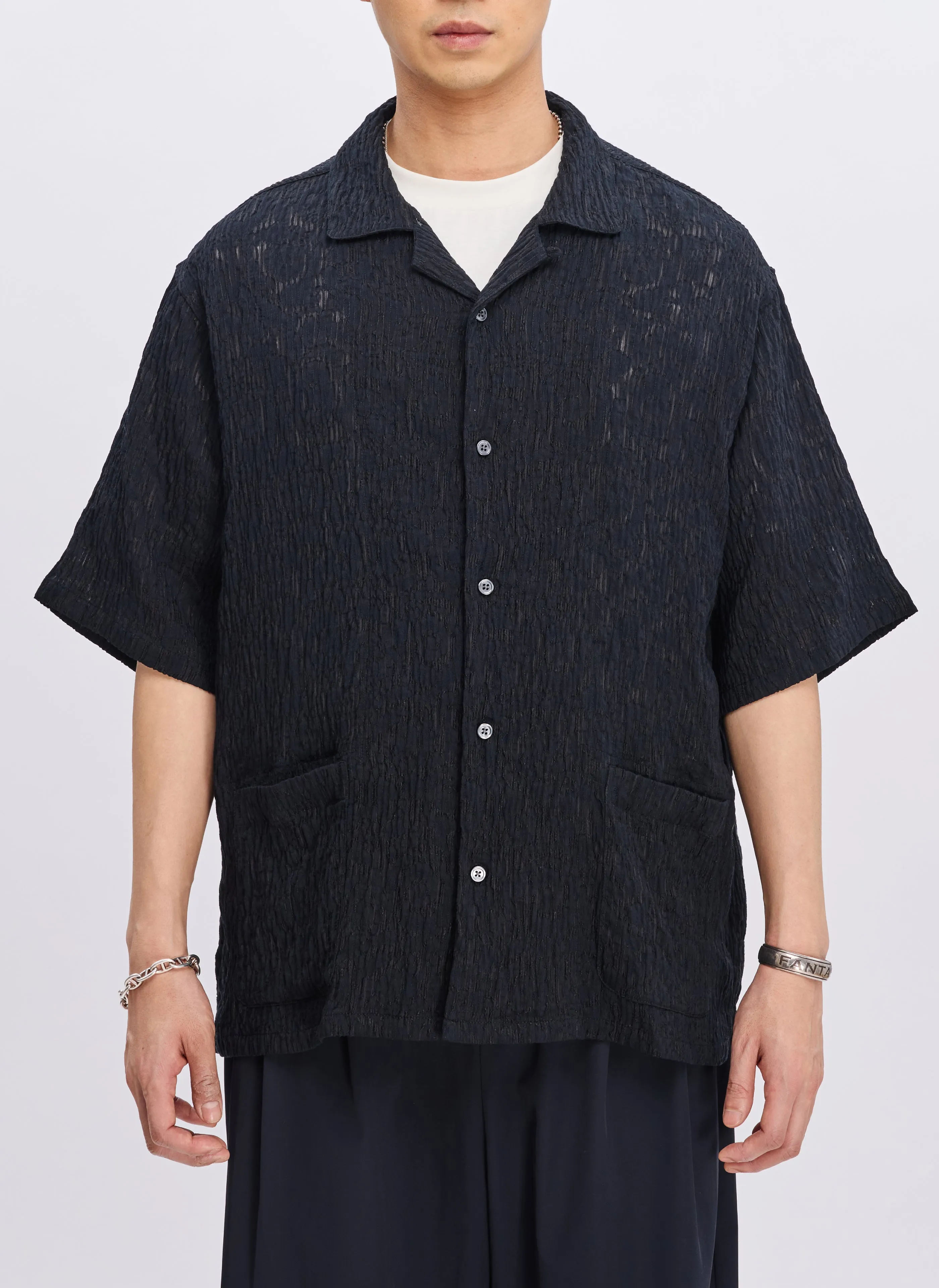 Rayon Nylon Distort Lace Open Collar Shirt