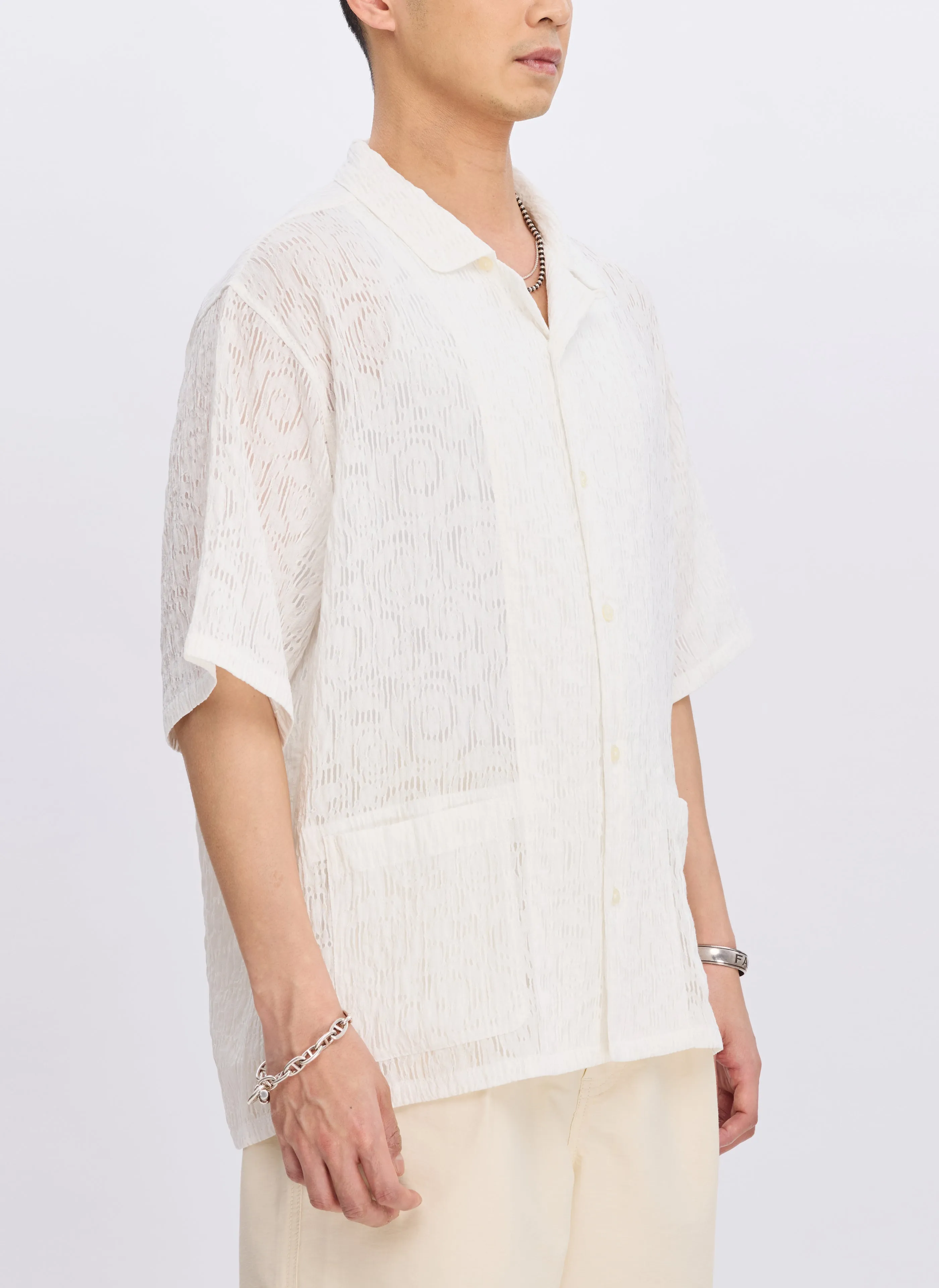 Rayon Nylon Distort Lace Open Collar Shirt