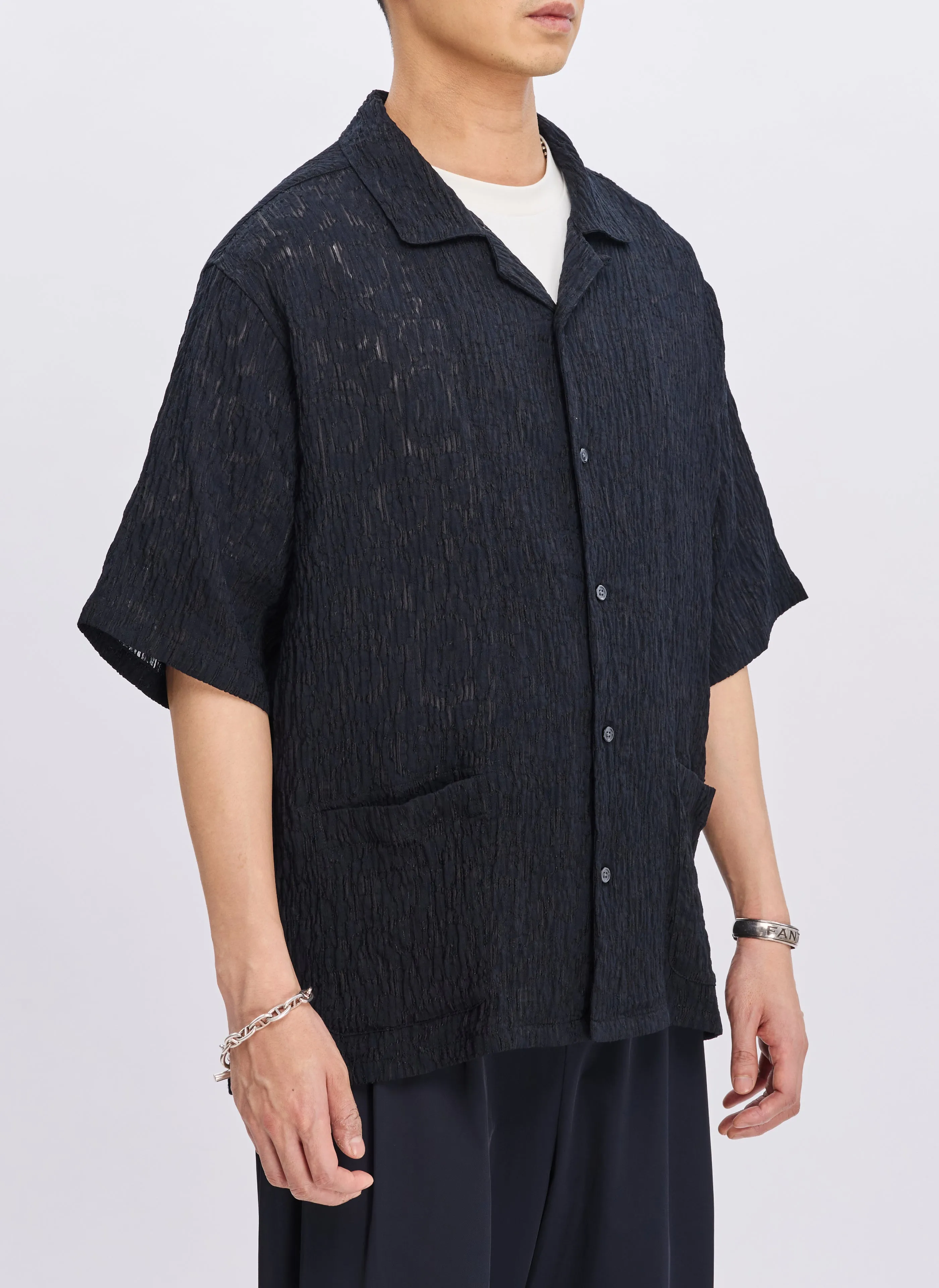 Rayon Nylon Distort Lace Open Collar Shirt