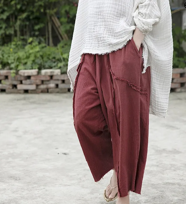 Red Autum Spring Linen Wide Leg Women Casual Pants Elastic Waist WG05131