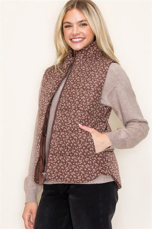 Rest in Florals Puffer Vest - Chocolate