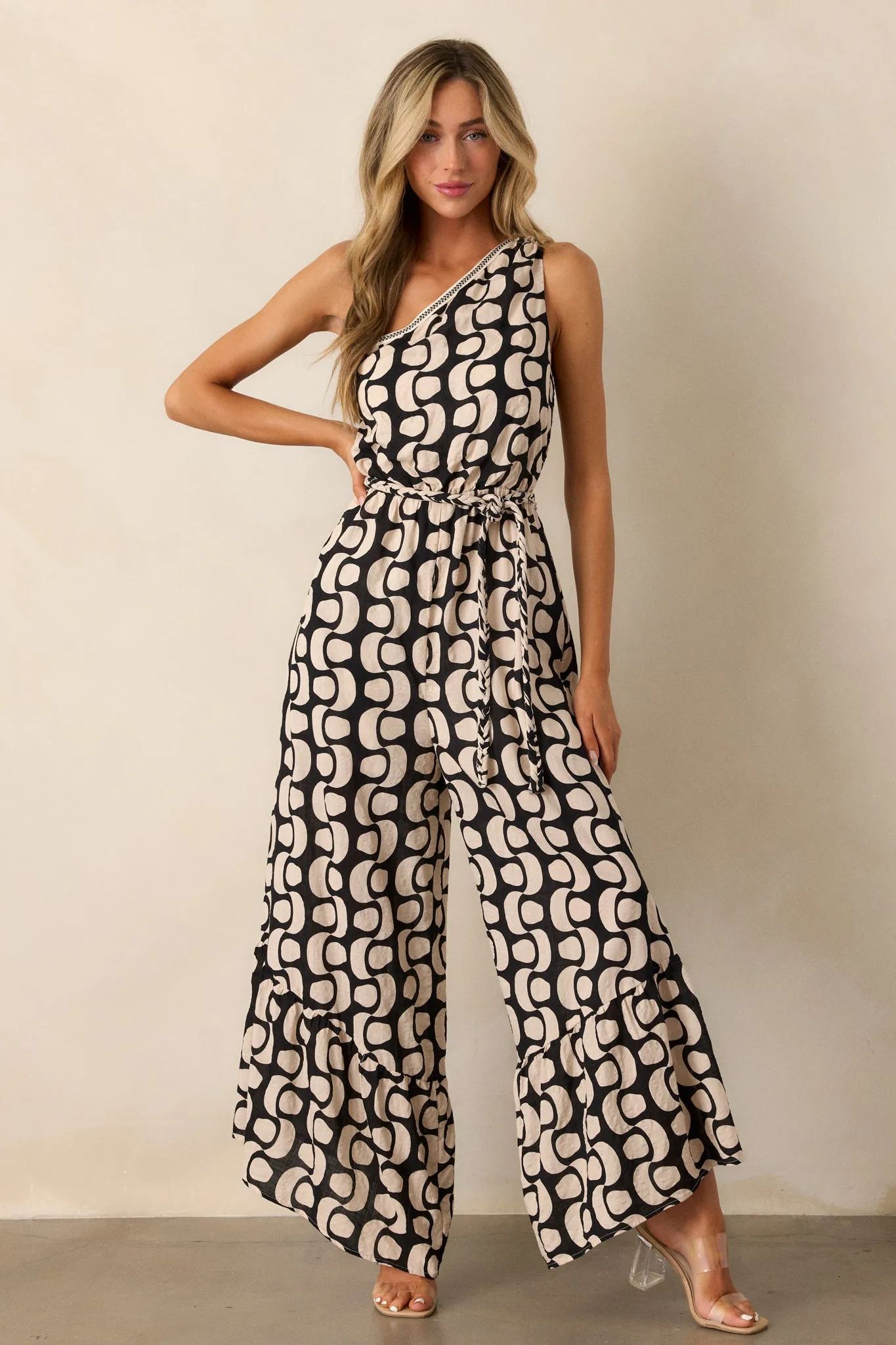 Retro Wave Black Abstract One Shoulder Jumpsuit