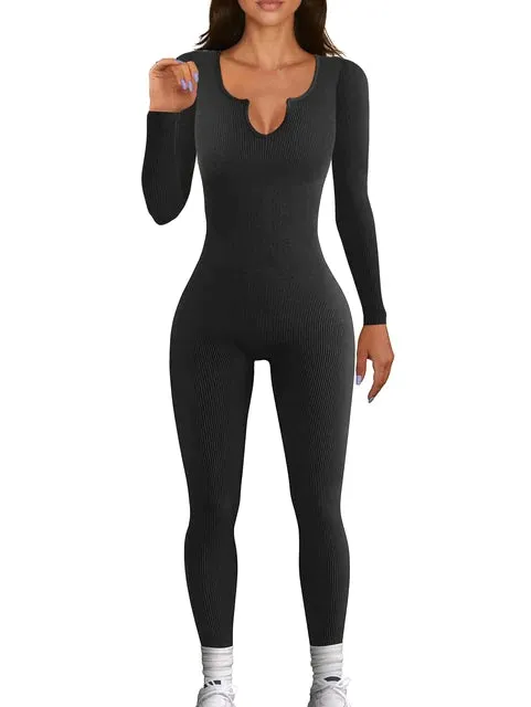 Ribbed Tight Fitting Sport Workout Black Long Sleeve Bodycon Jumpsuit