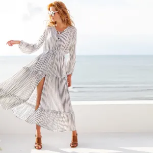 ruffle long sleeve maxi stripe midi flare dress