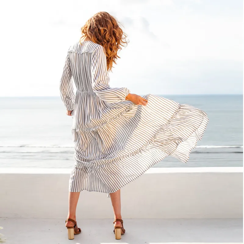 ruffle long sleeve maxi stripe midi flare dress