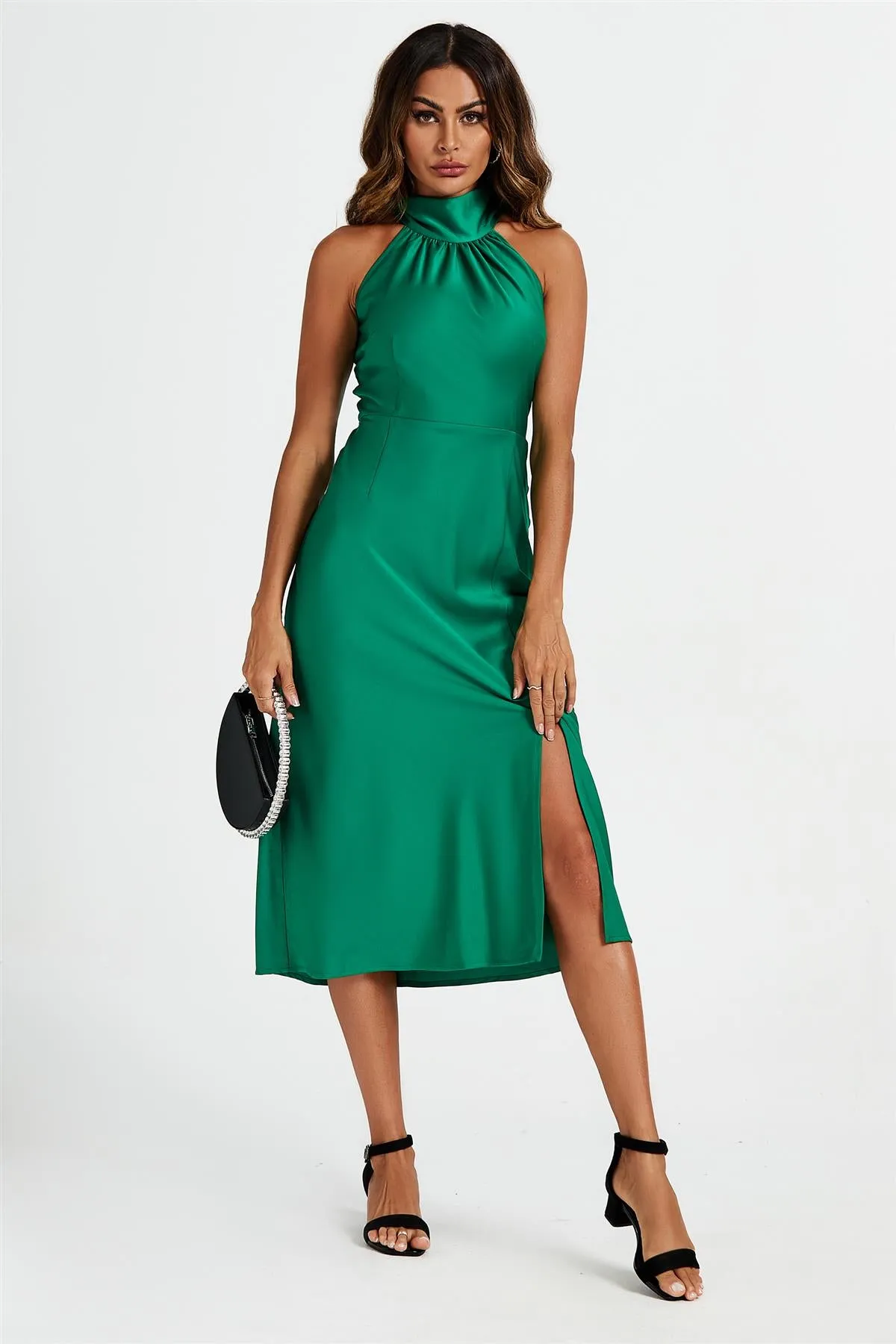 Satin Halter Neck Tie Back Midi Dress In Green