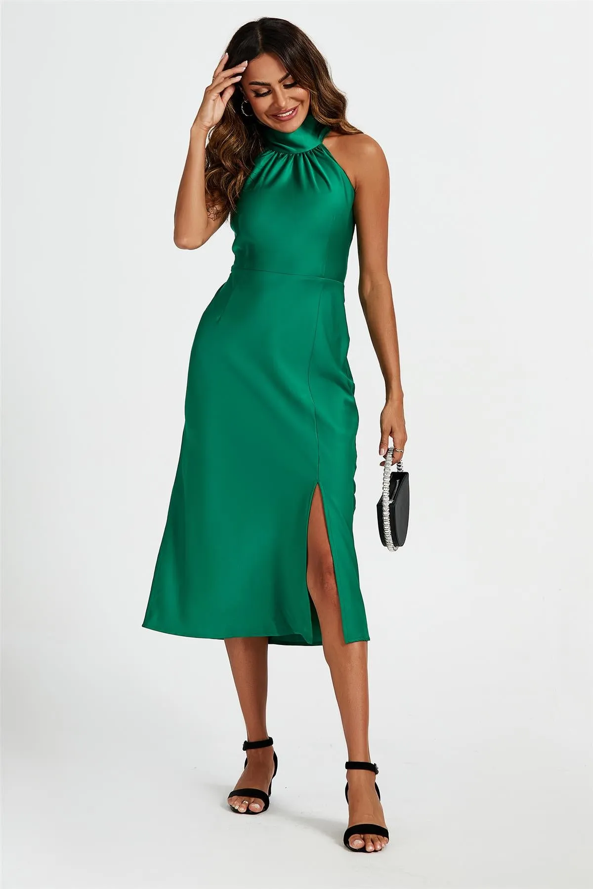 Satin Halter Neck Tie Back Midi Dress In Green