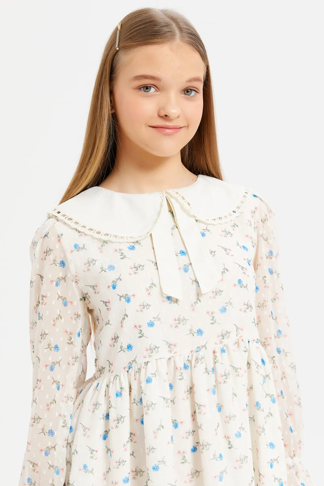 Senior Girls Pink Floral Peter Pan Collar Dress