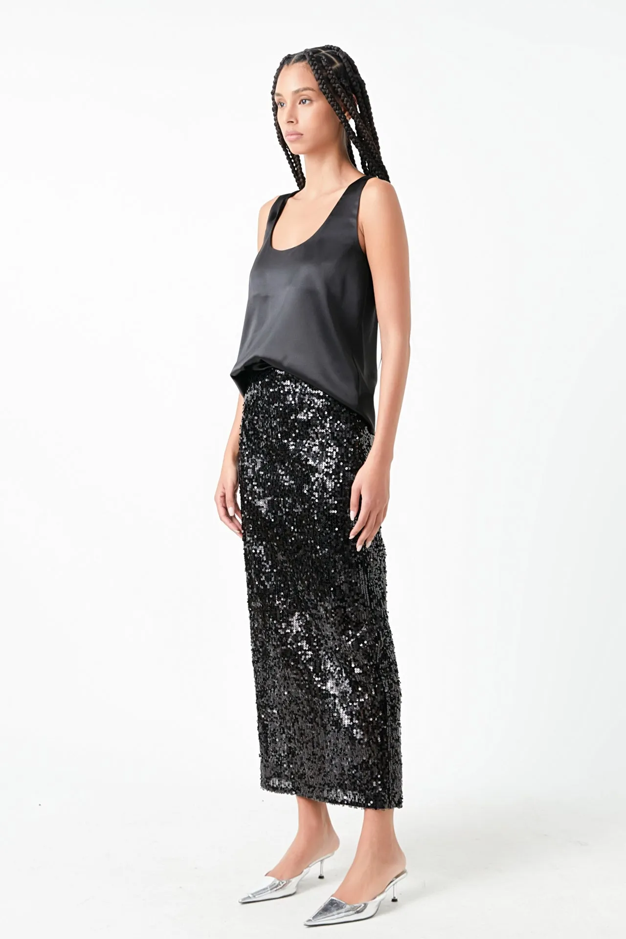 Sequin Back Slit Maxi Skirt