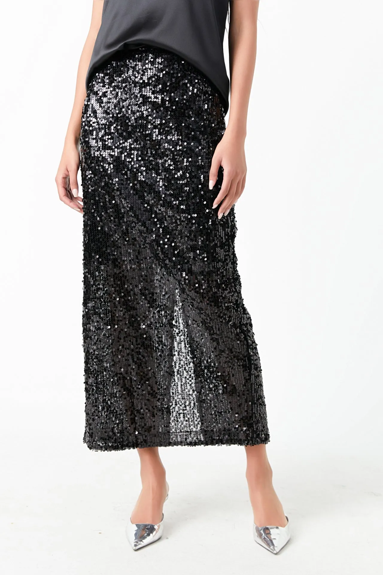 Sequin Back Slit Maxi Skirt