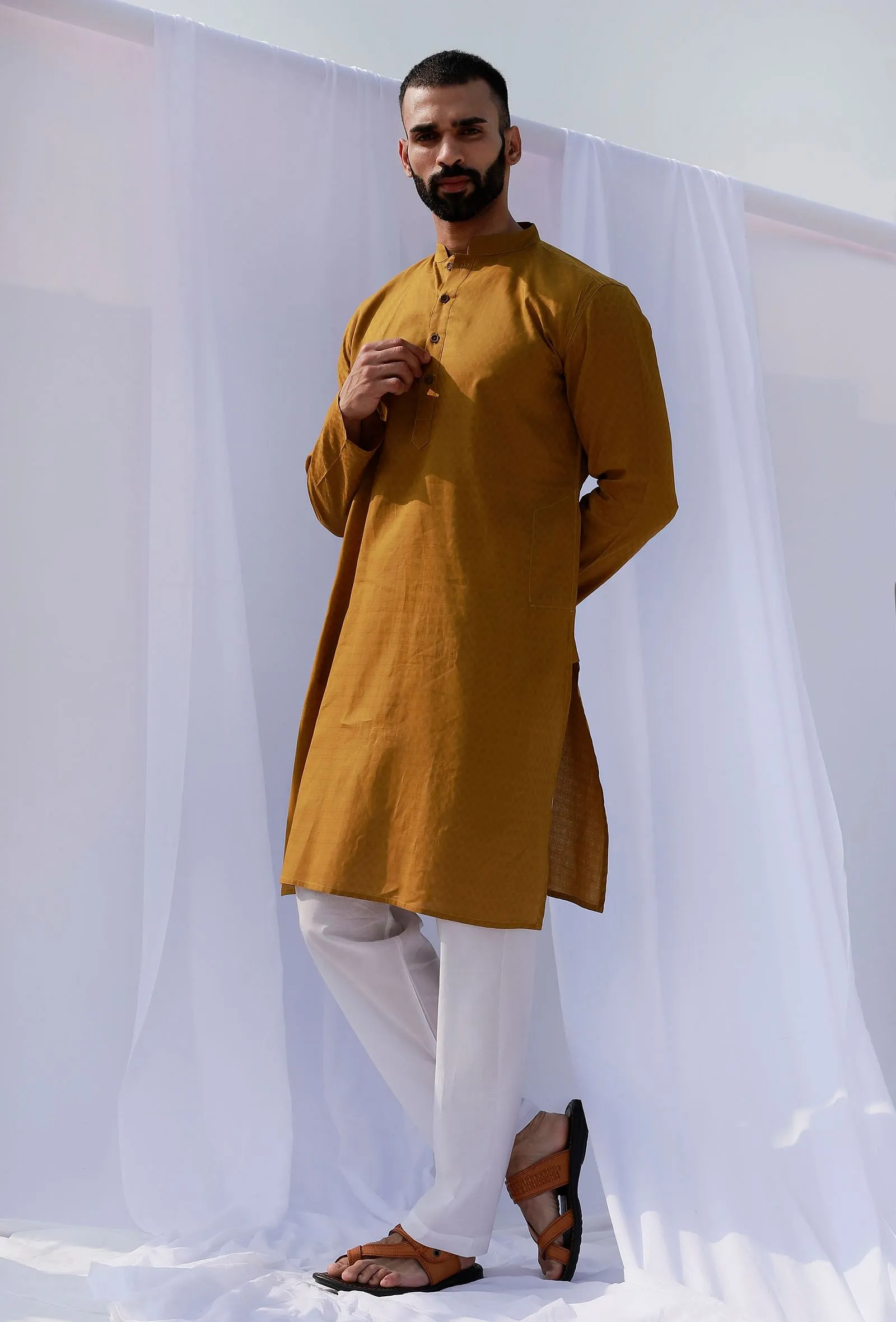 Set Of 2: Olive Mustard Self Weave Cotton Kurta Pyjama Set