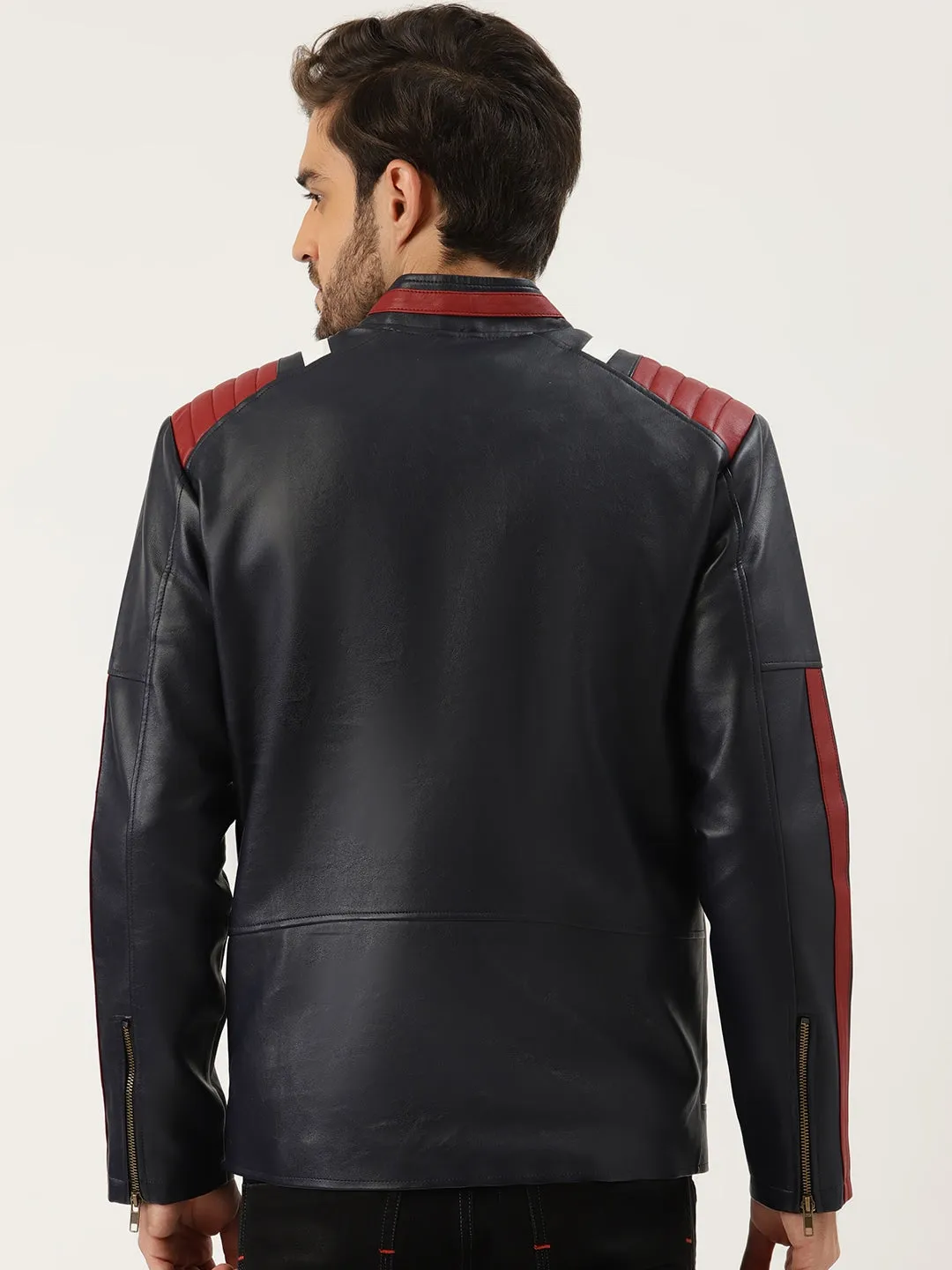 Shop Men Navy Blue Solid Leather Jacket | QAWACH