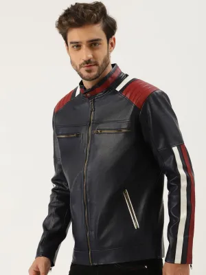 Shop Men Navy Blue Solid Leather Jacket | QAWACH