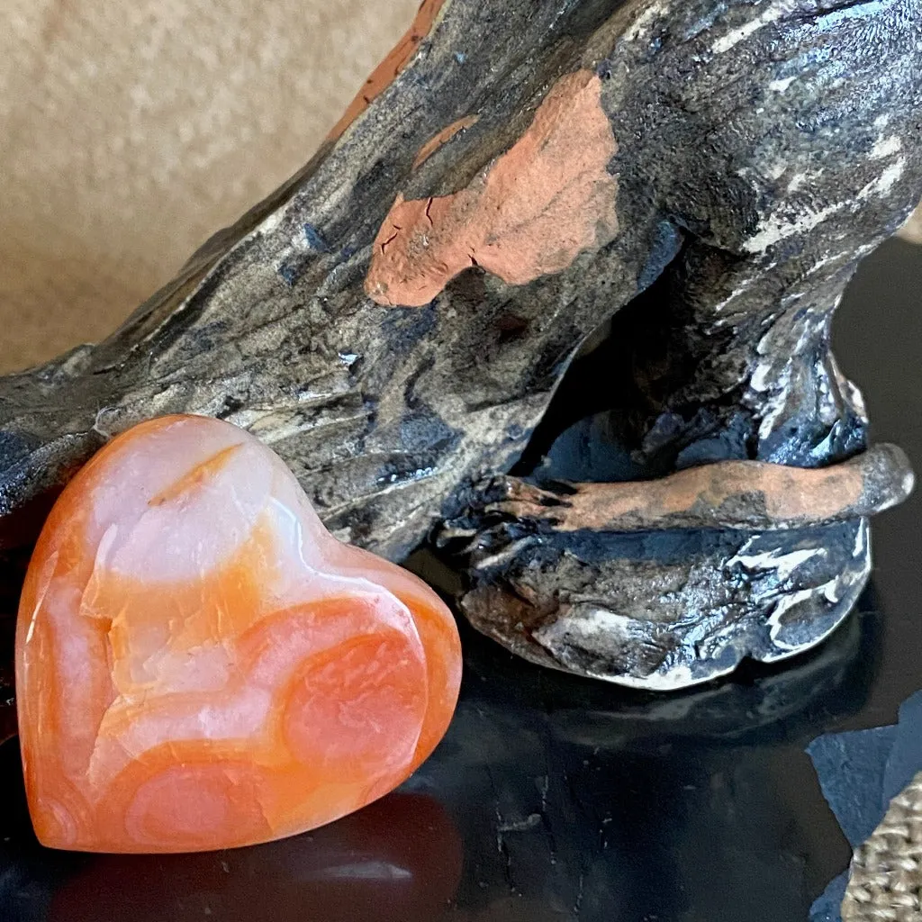 Stretching Kitty Stoneware Sculpture on Shungite Slab, Carnelian Heart