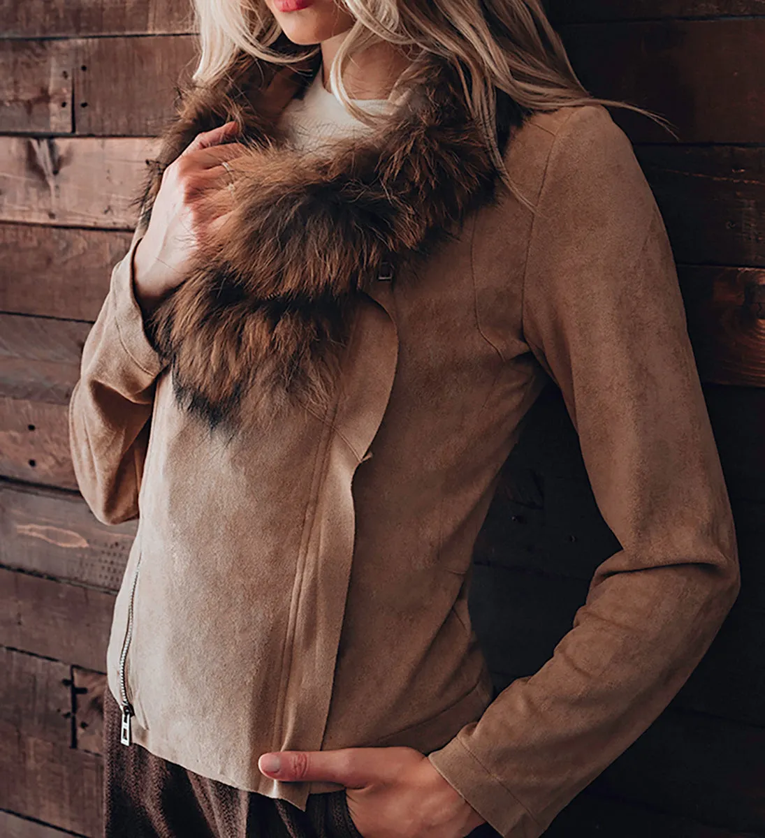 Suede Jacket with Fur Collar