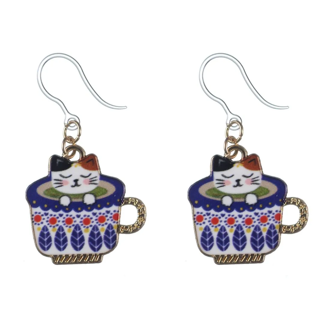 Teacup Cat Dangles Hypoallergenic Earrings for Sensitive Ears Made with Plastic Posts