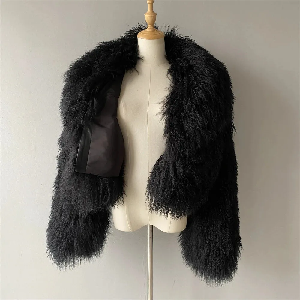 Tibetan Mongolian Lamb Fur Jacket with Collar