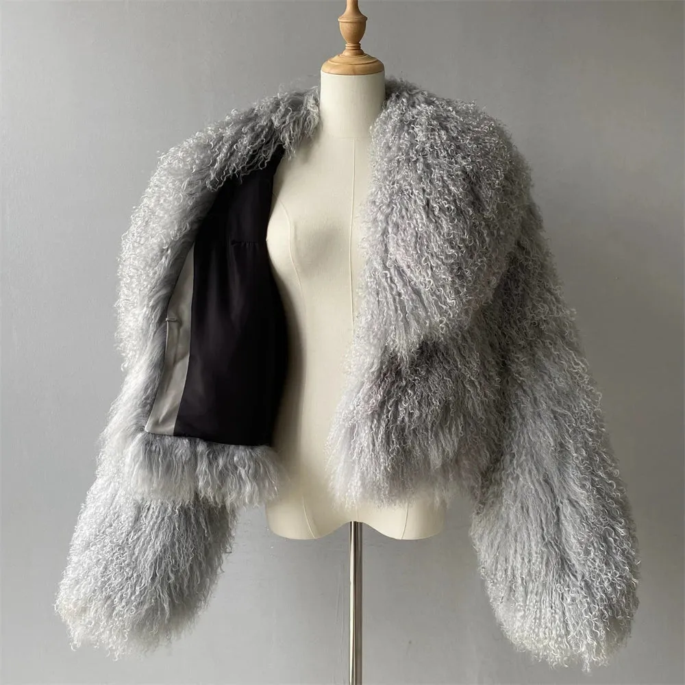 Tibetan Mongolian Lamb Fur Jacket with Collar