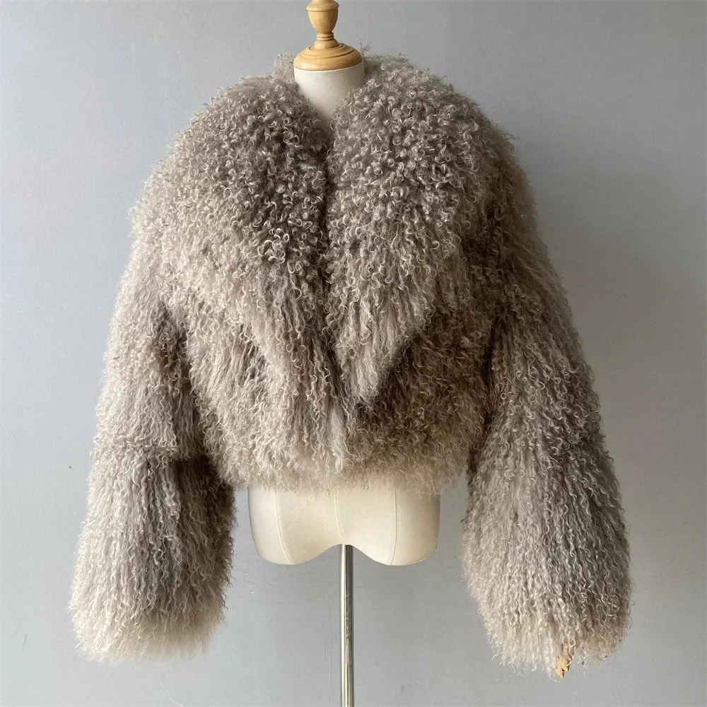 Tibetan Mongolian Lamb Fur Jacket with Collar