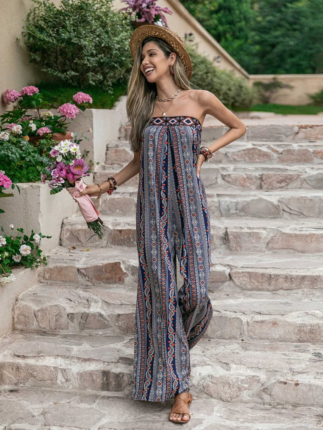 Tied Printed Tube Wide Leg Jumpsuit