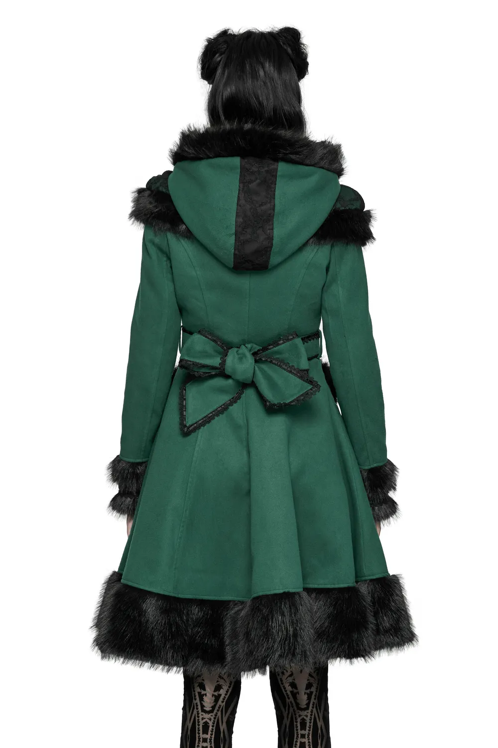 Velvet Hooded Coat with Faux Fur Trim and Bow Accent