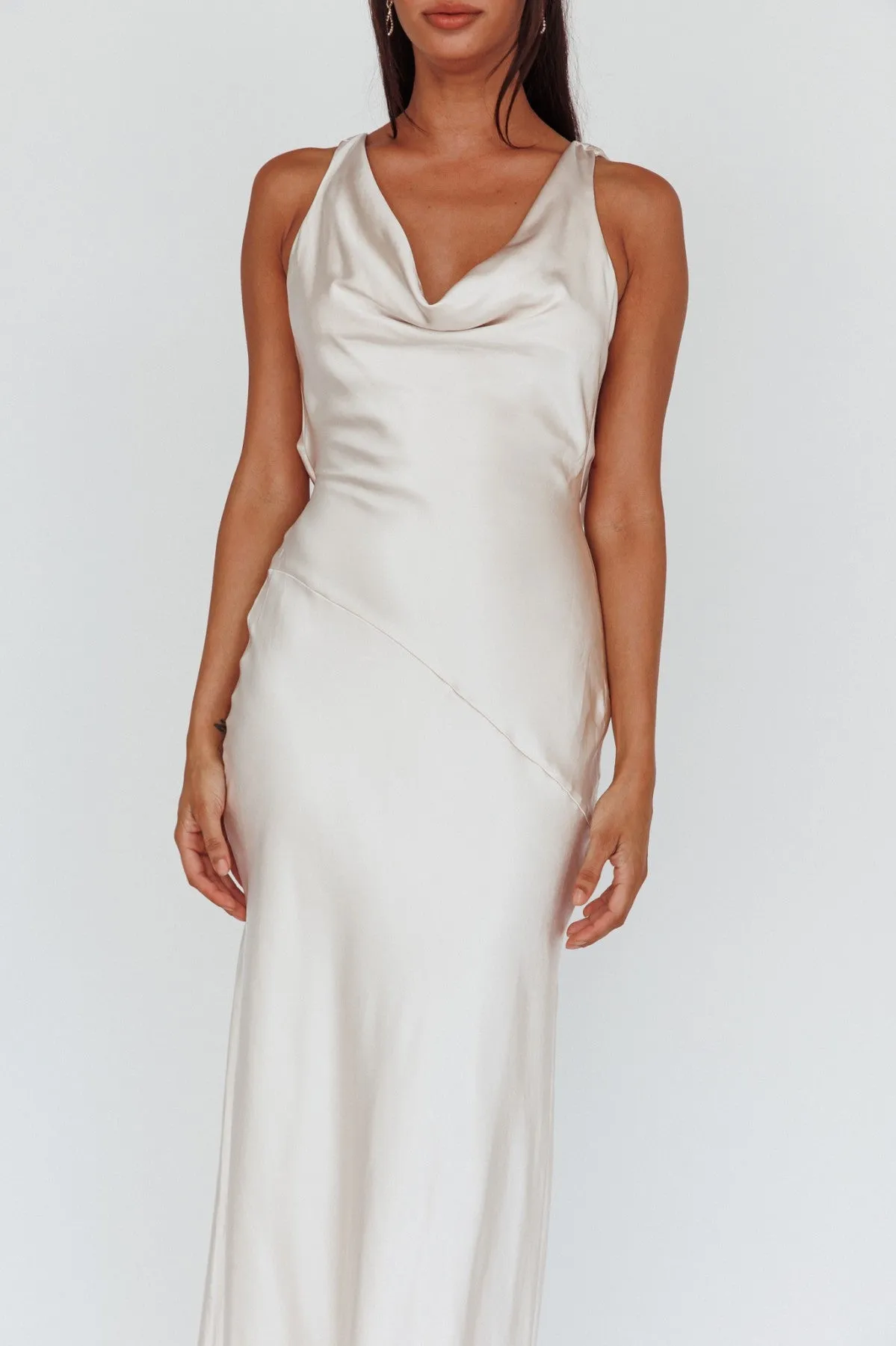 Vera Champagne Cowl Neck Open Back Maxi Dress