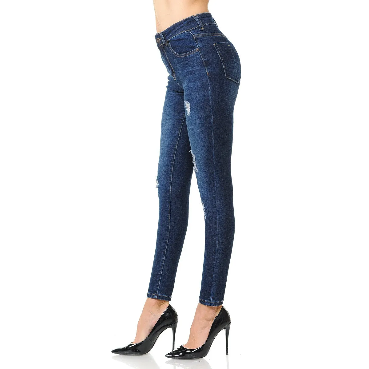 Wax Jeans Women's High Rise 5-Pocket Skinny Jean with Destruction