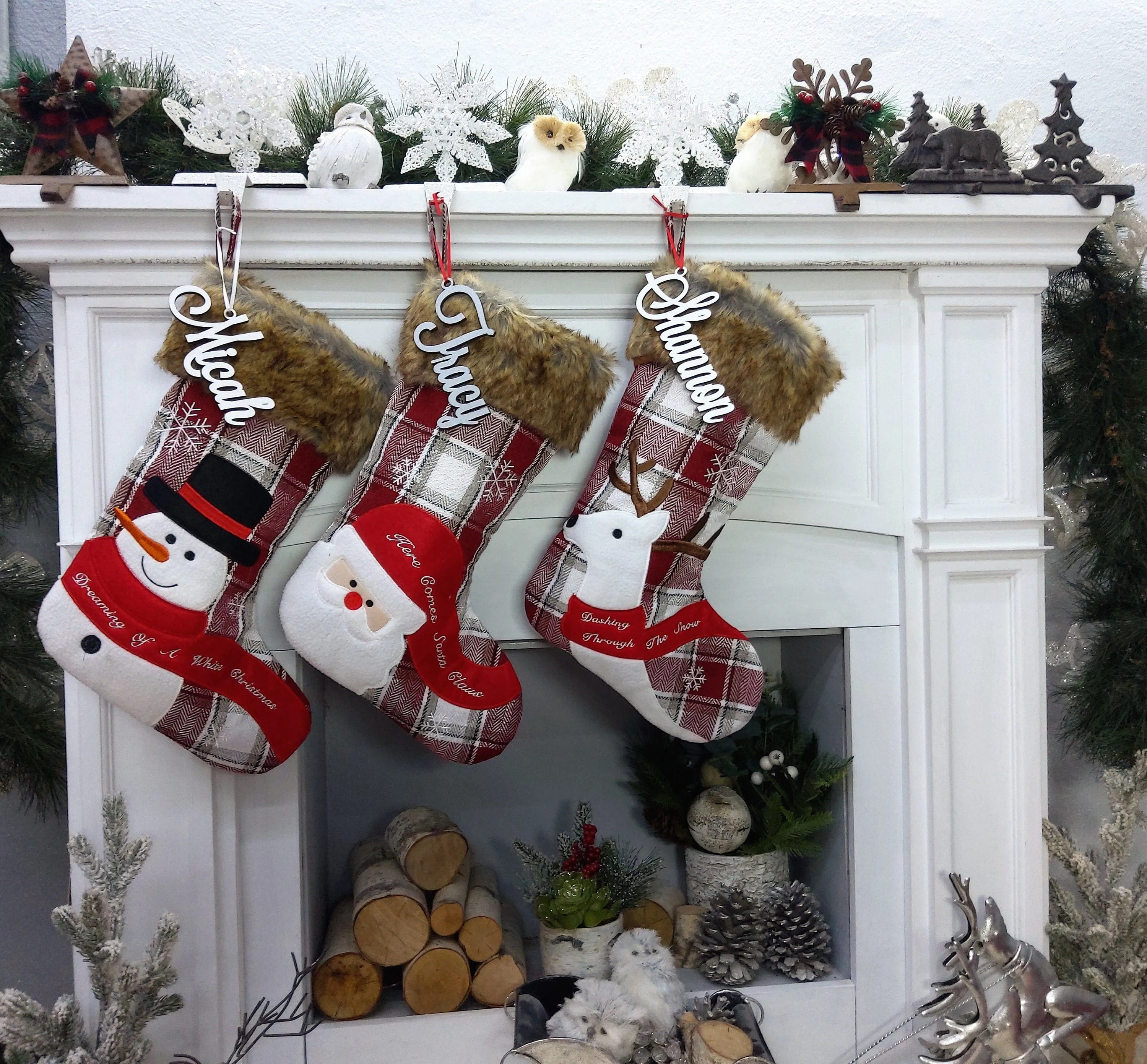 Whimsical Plaid Faux Fur Christmas Stockings Woodland Santa Snowman Reindeer Stocking Personalized Embroidery Burgundy Family Modern Holiday