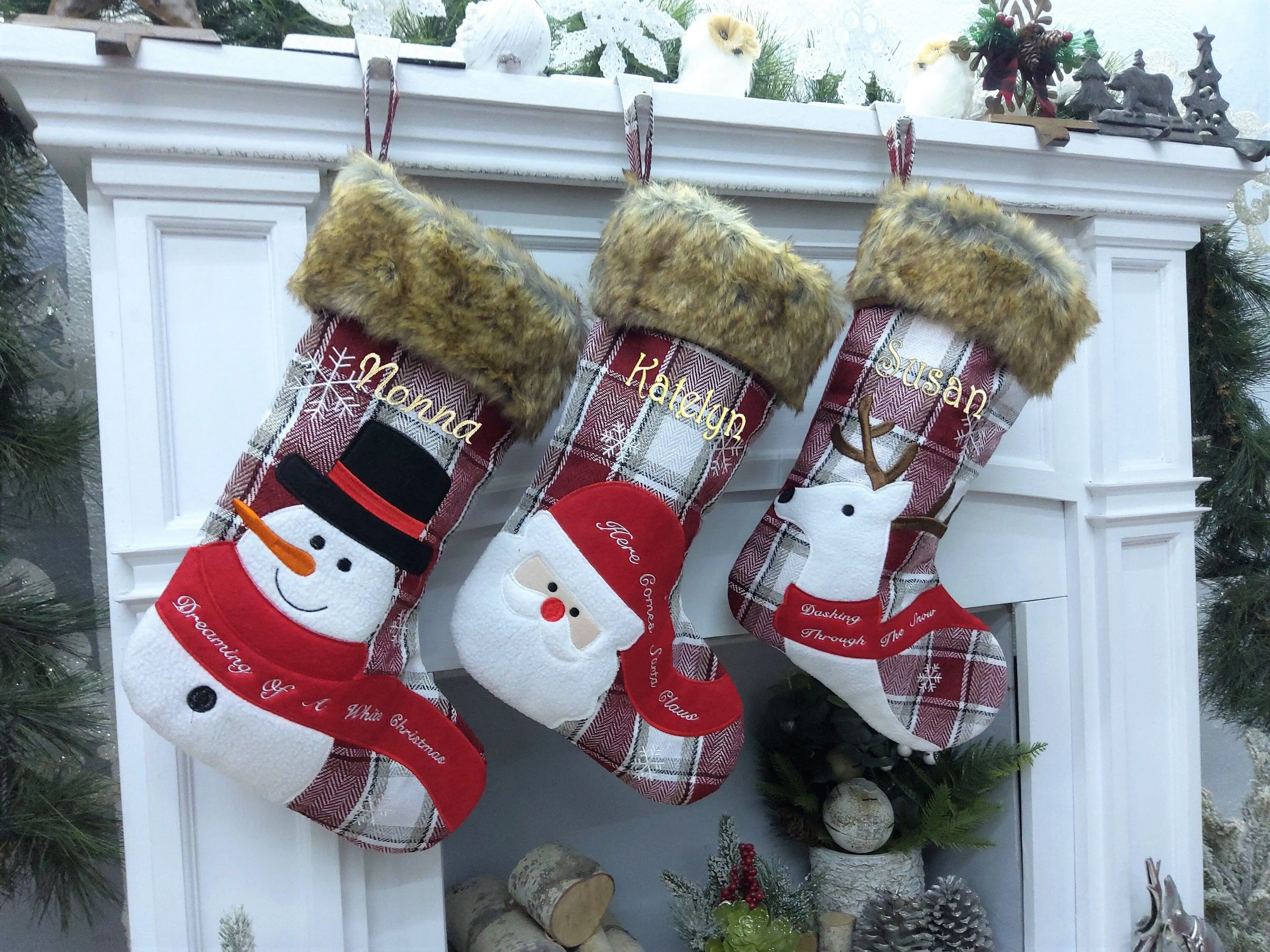 Whimsical Plaid Faux Fur Christmas Stockings Woodland Santa Snowman Reindeer Stocking Personalized Embroidery Burgundy Family Modern Holiday