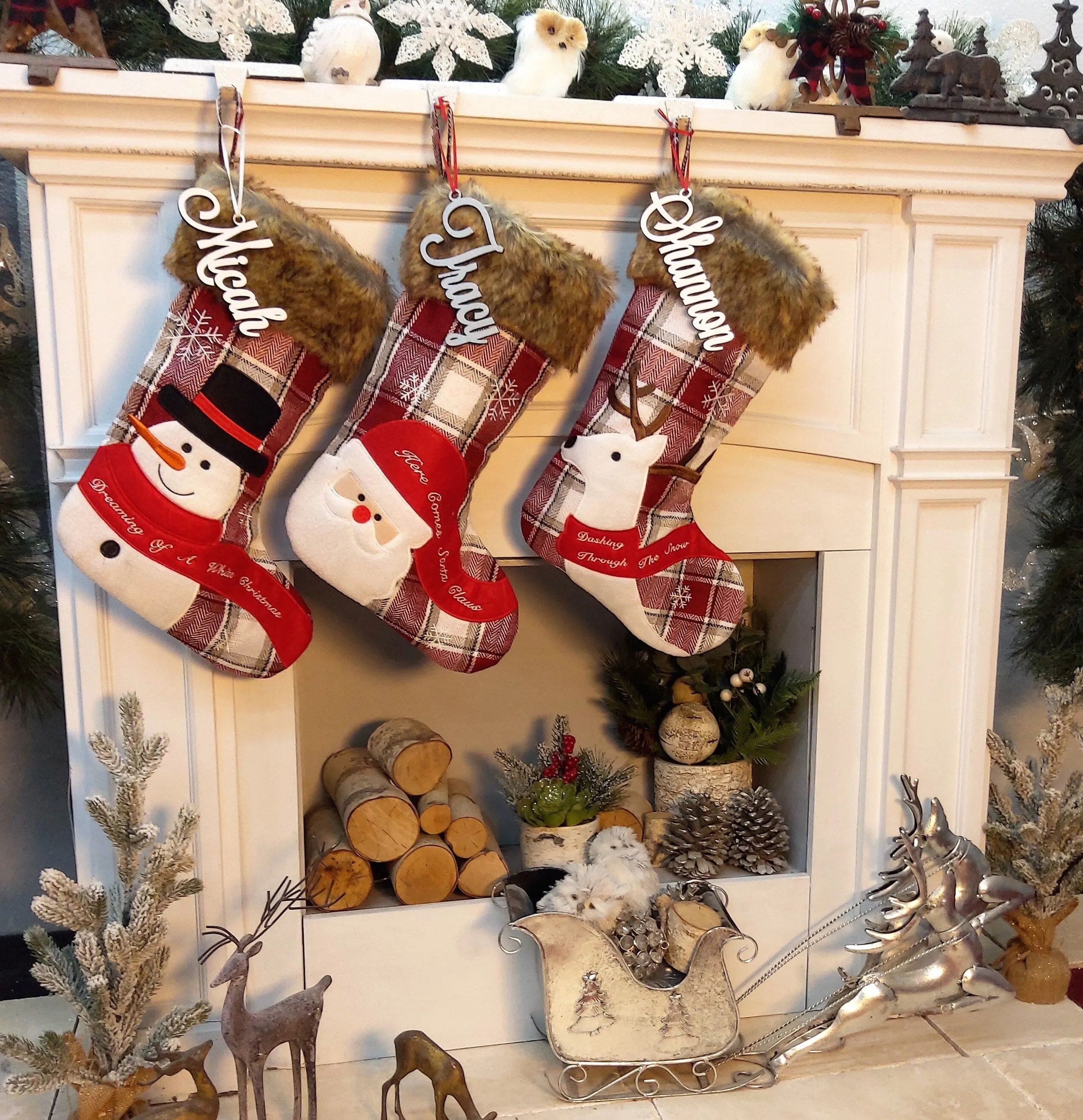 Whimsical Plaid Faux Fur Christmas Stockings Woodland Santa Snowman Reindeer Stocking Personalized Embroidery Burgundy Family Modern Holiday