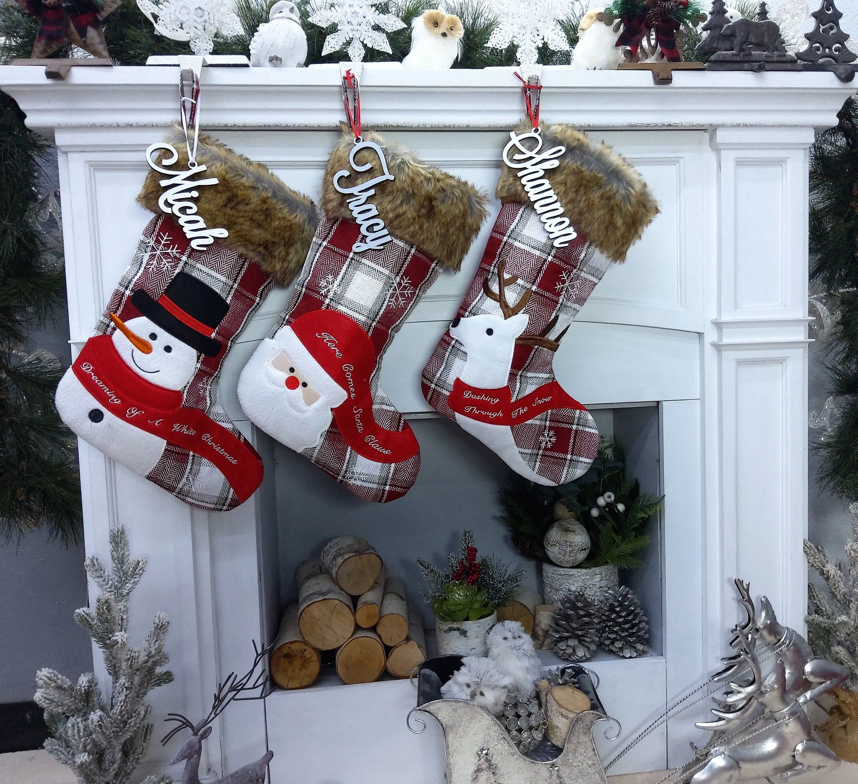 Whimsical Plaid Faux Fur Christmas Stockings Woodland Santa Snowman Reindeer Stocking Personalized Embroidery Burgundy Family Modern Holiday