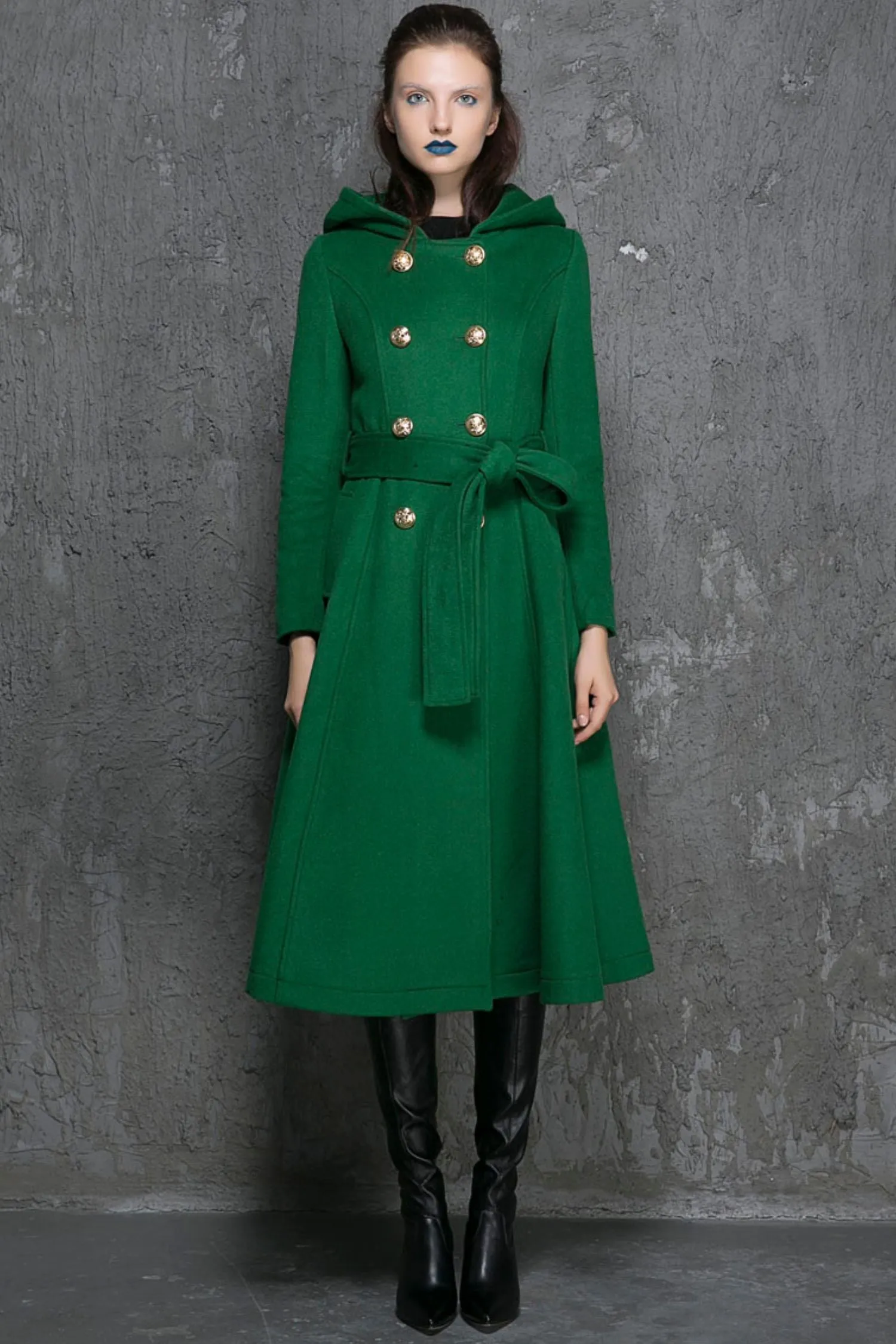 winter long wool coat with hood for women 1346#