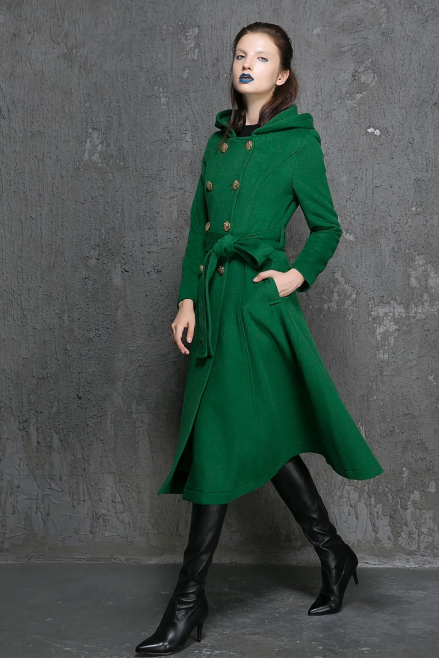 winter long wool coat with hood for women 1346#