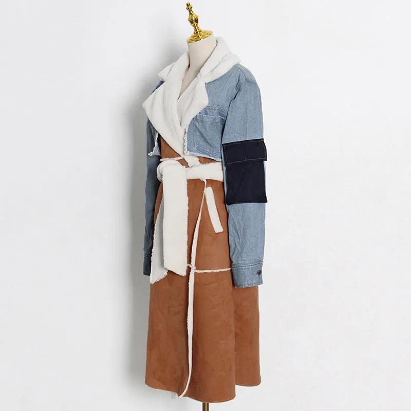 Winter Wool Denim Stitching Long Coat