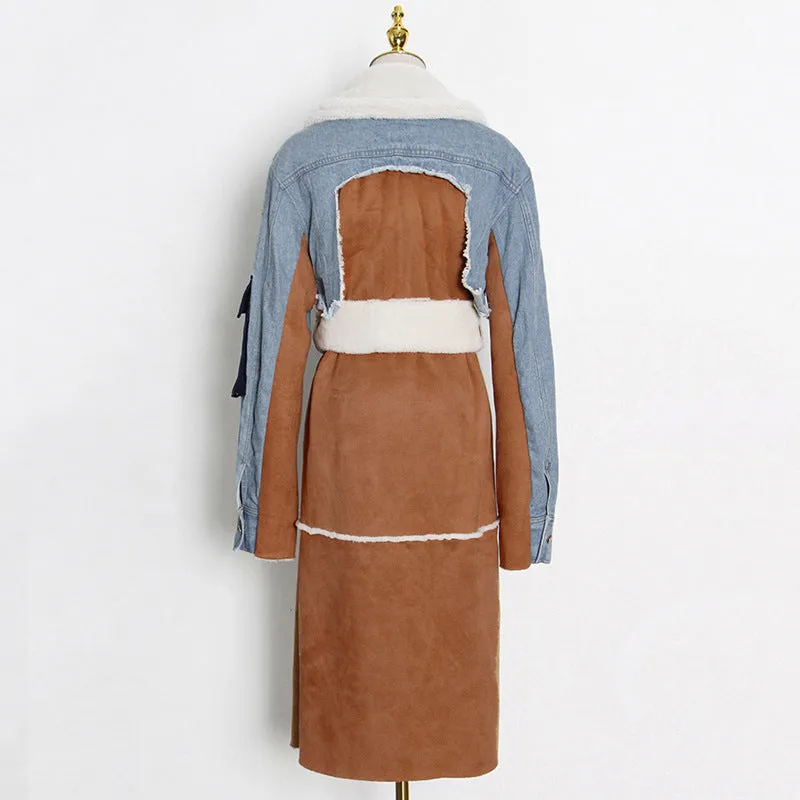 Winter Wool Denim Stitching Long Coat