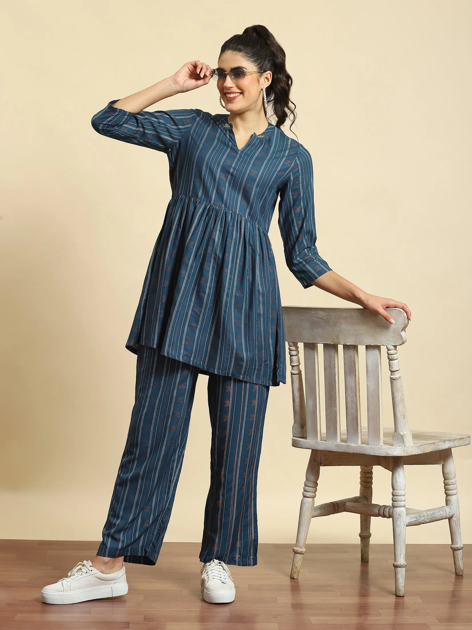 Women Blue Stripe Print Co-Ord Set