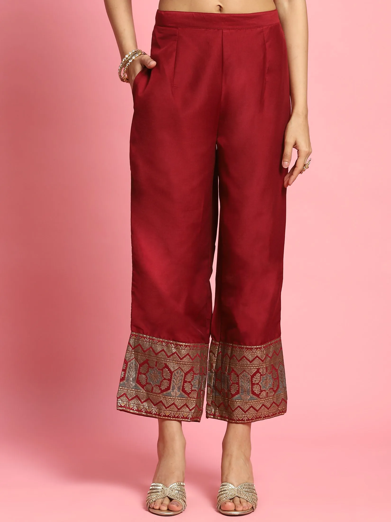 Women Burgundy Foil Print Kurta Comfort Pant Dupatta