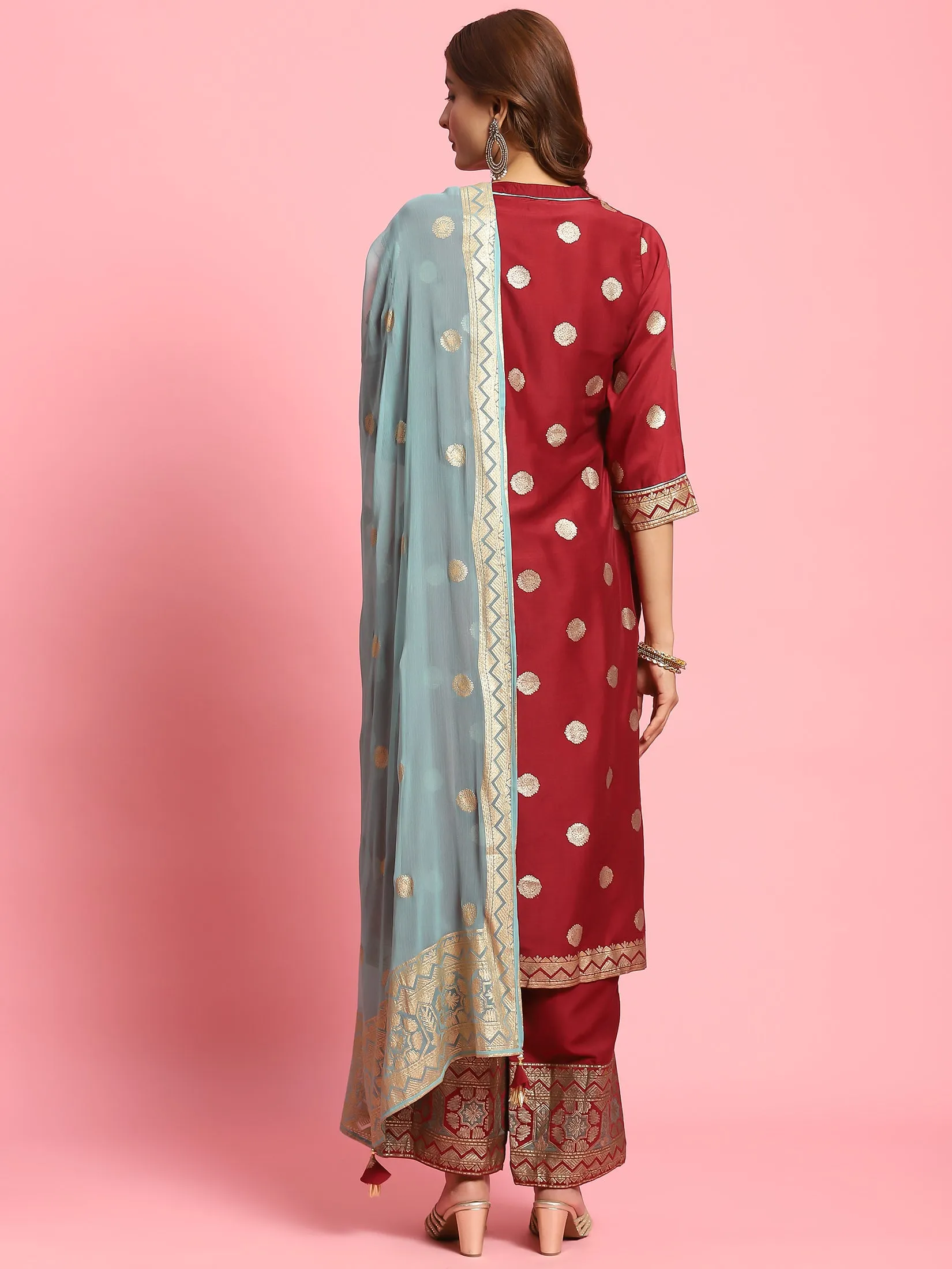 Women Burgundy Foil Print Kurta Comfort Pant Dupatta