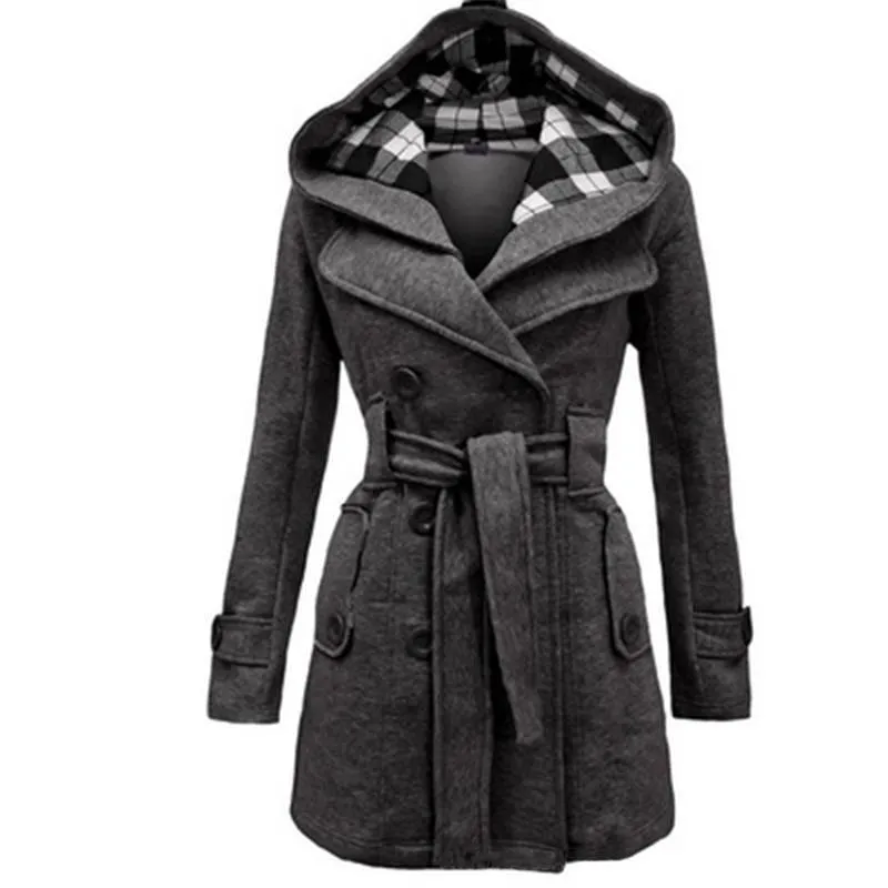 Women Double Breasted Slim Hoodie Solid Casual Long Pea Coat with Belt