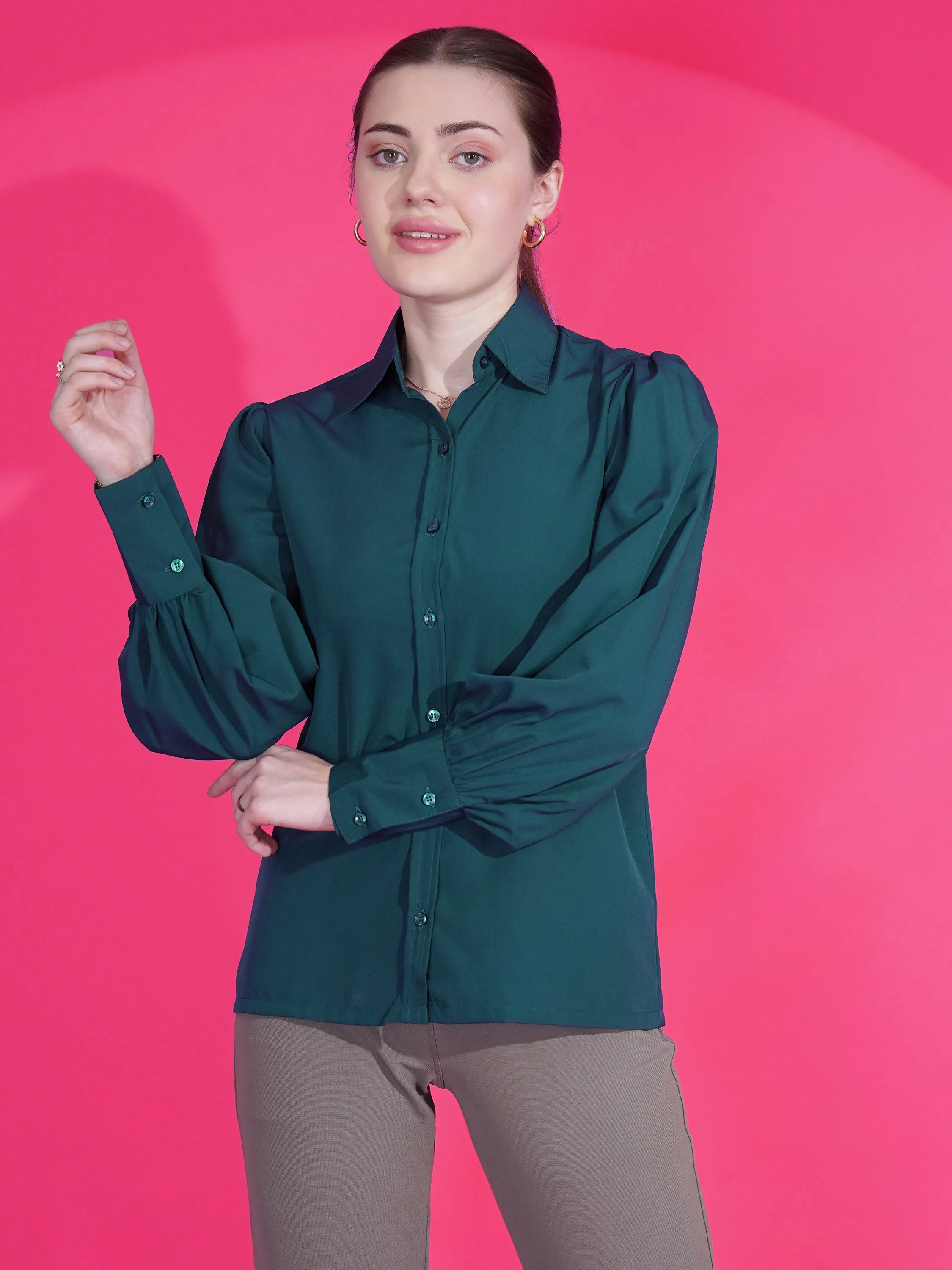 Women Trendy Regular Fit Solid Spread Collar Casual Shirt