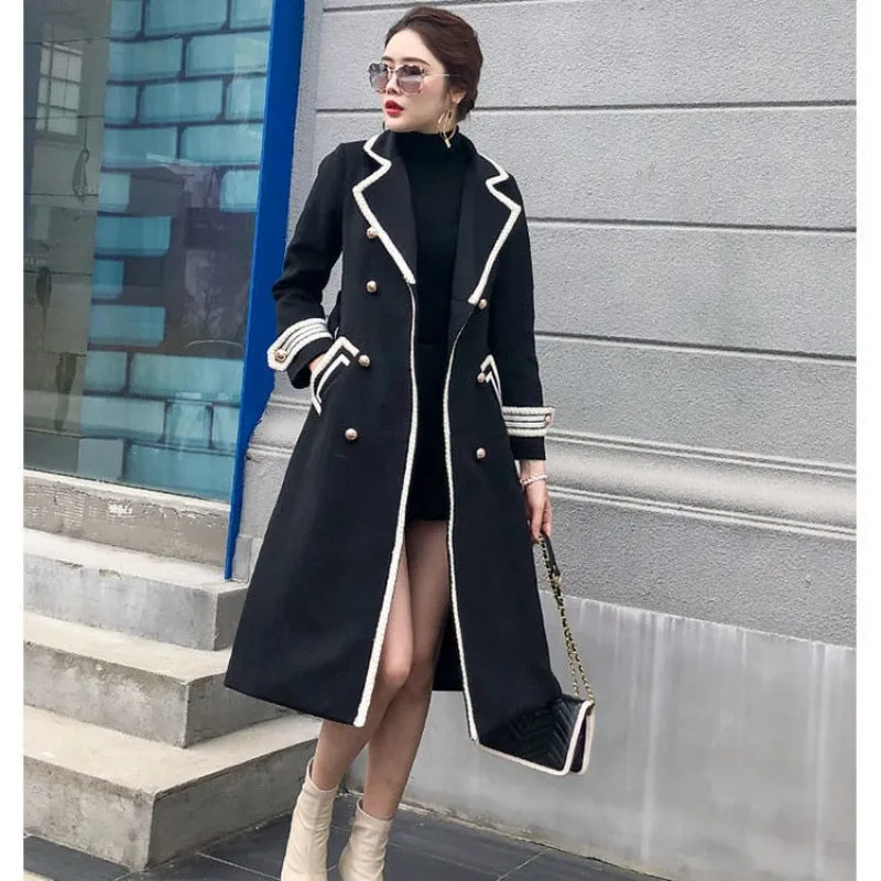 Women's Fashion Wool Coat ladies Autumn Winter Thick Warm V Neck Belt