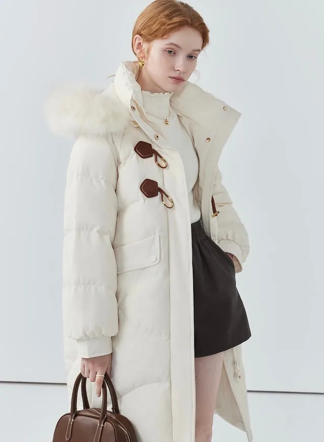 Women's fur collar leather button long down jacket