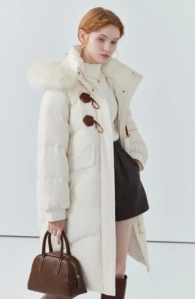 Women's fur collar leather button long down jacket