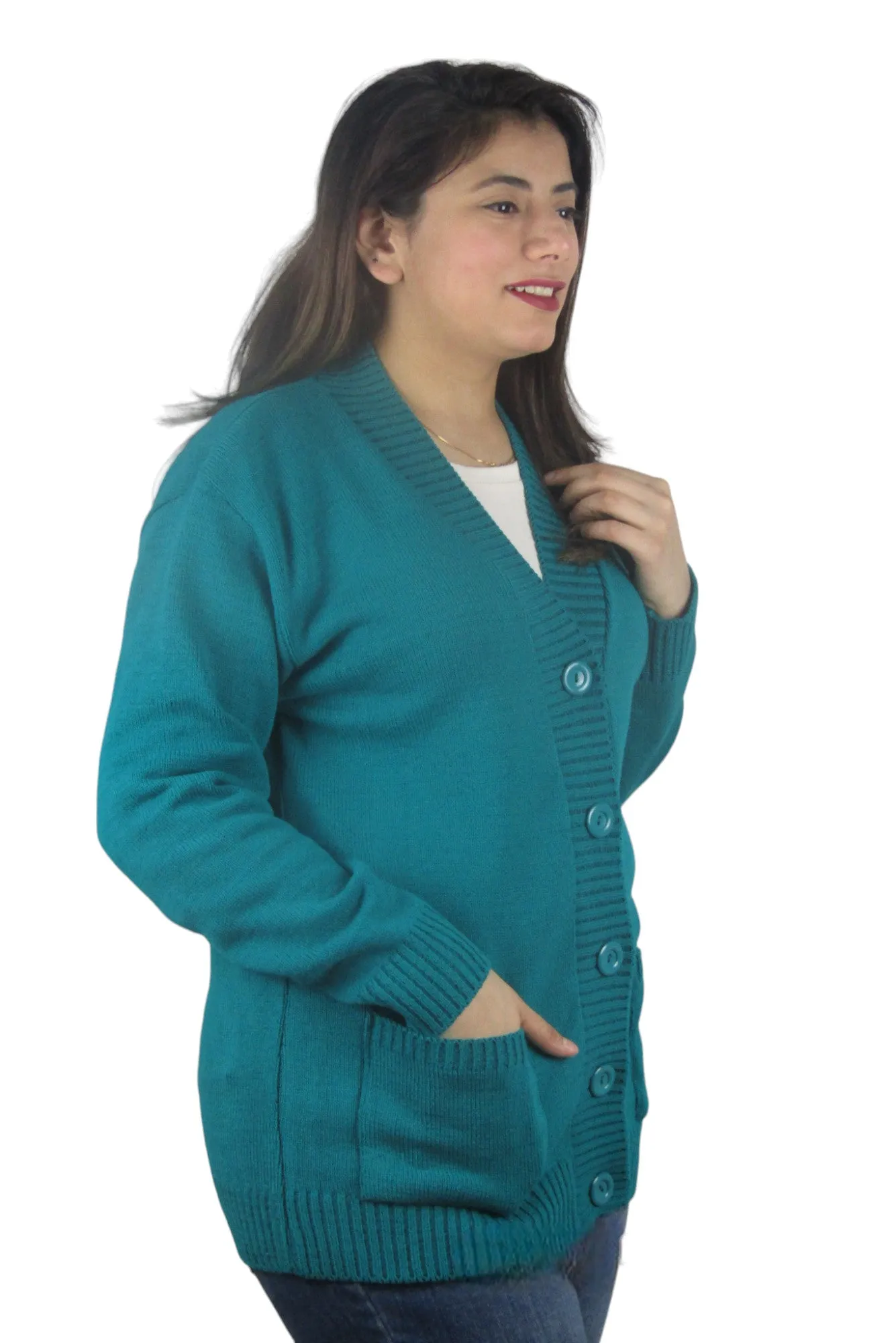 Womens Plain Long Sleeve Open Front Knitted Button Cardigan Pocket Sweater Top