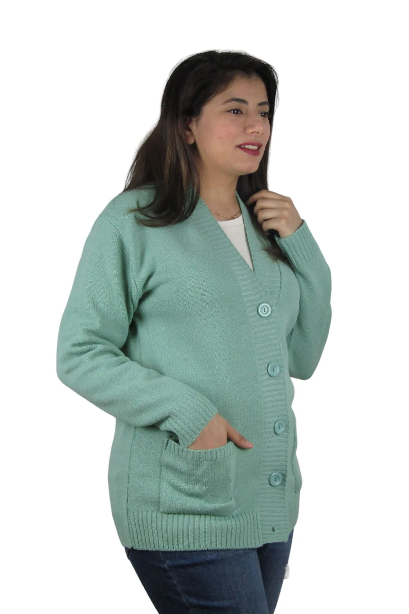 Womens Plain Long Sleeve Open Front Knitted Button Cardigan Pocket Sweater Top